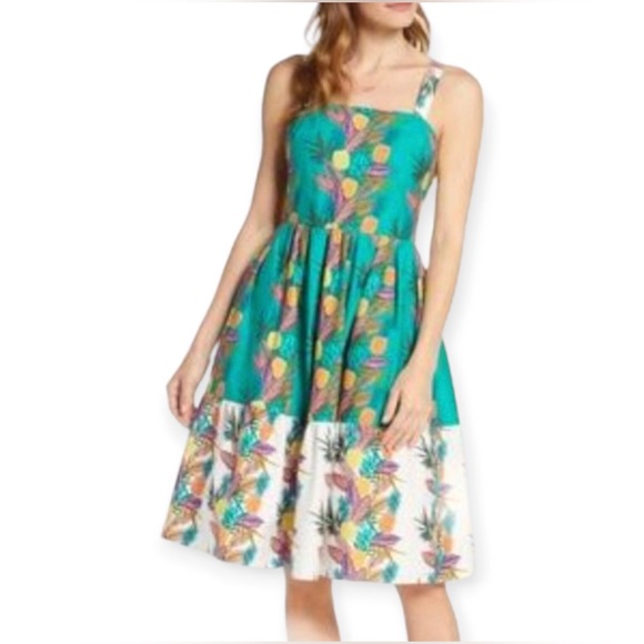 1901 MIdi Tropical Pineapple Sundress with Pockets Sleeveless ALine Teal Dress - Picture 2 of 16